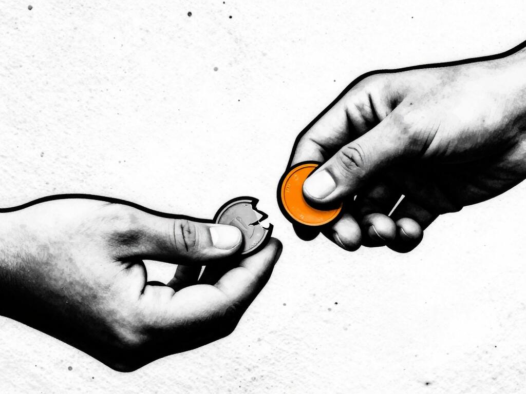 Two hands exchanging a crumbling pale coin for a hard solid orange one