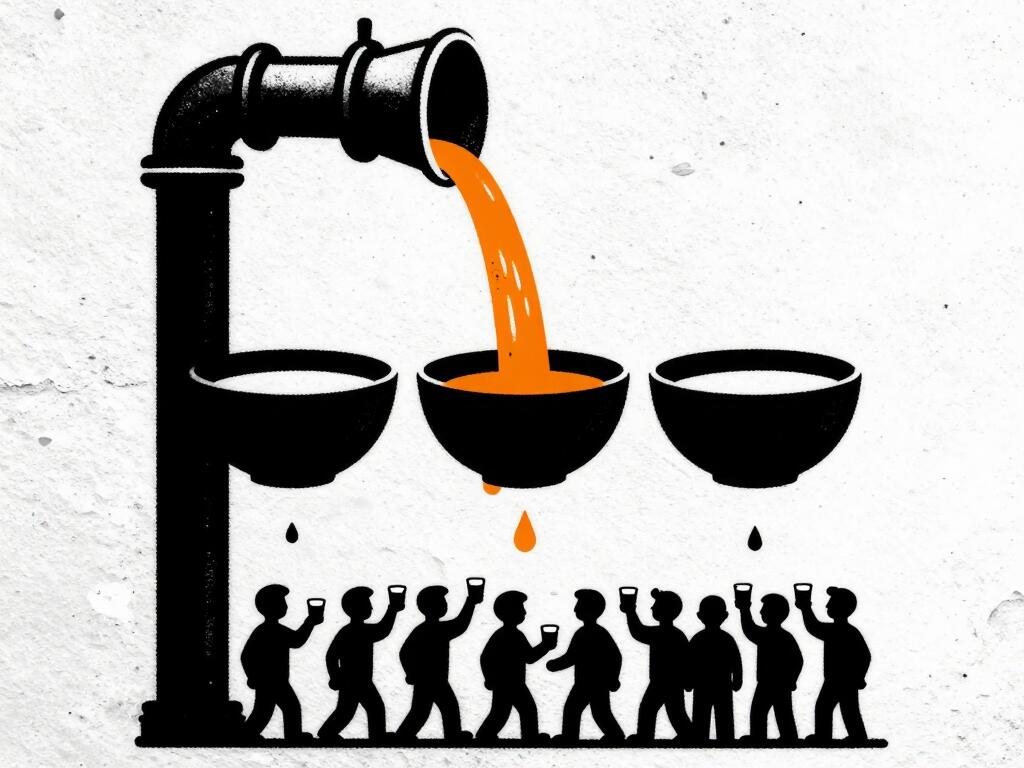A vertical pipe pouring liquid orange metal into three large bowls, with only a few thin drops reaching the crowd holding empty cups far below