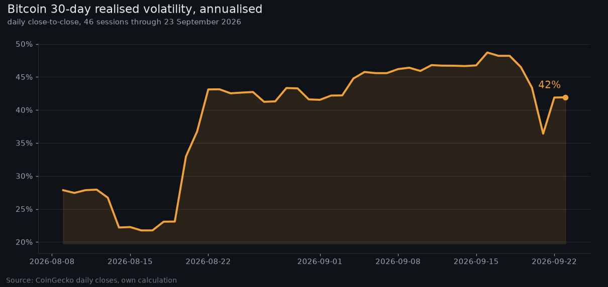 Bitcoin 30-day realised volatility, annualised