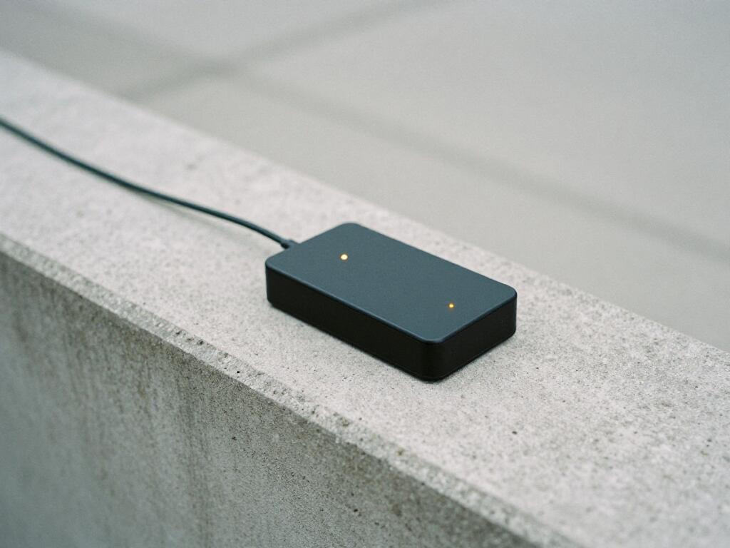A small matte black device with a single amber indicator light on a bare concrete ledge
