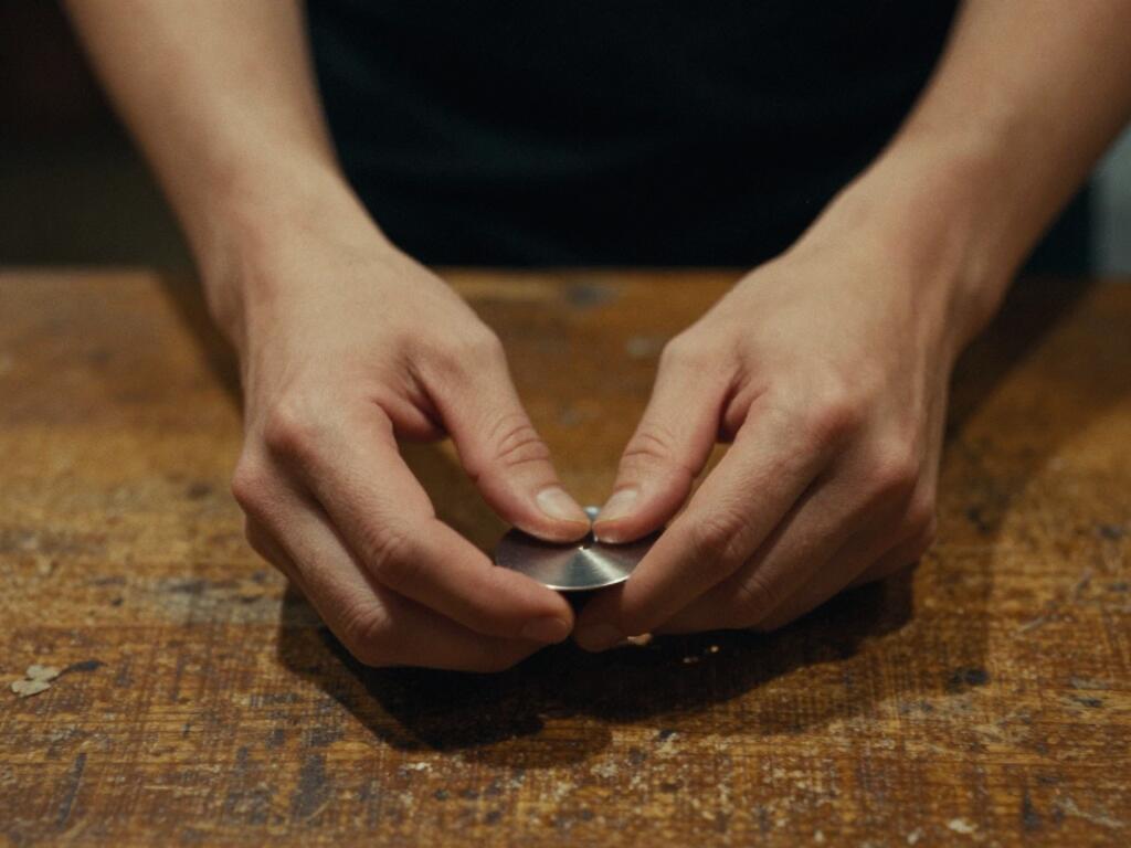 Two pairs of hands passing a small plain metal disc over a worn wooden counter