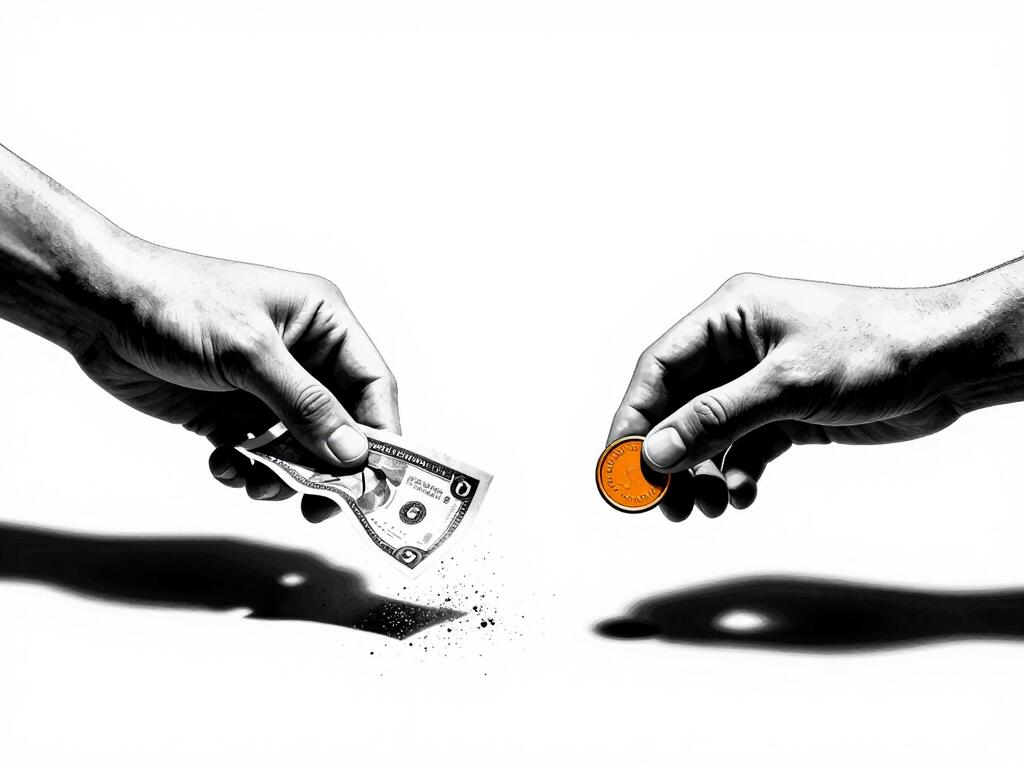 Two open hands side by side — one holding a crumpled banknote dissolving into dust, the other a solid orange coin casting a long shadow