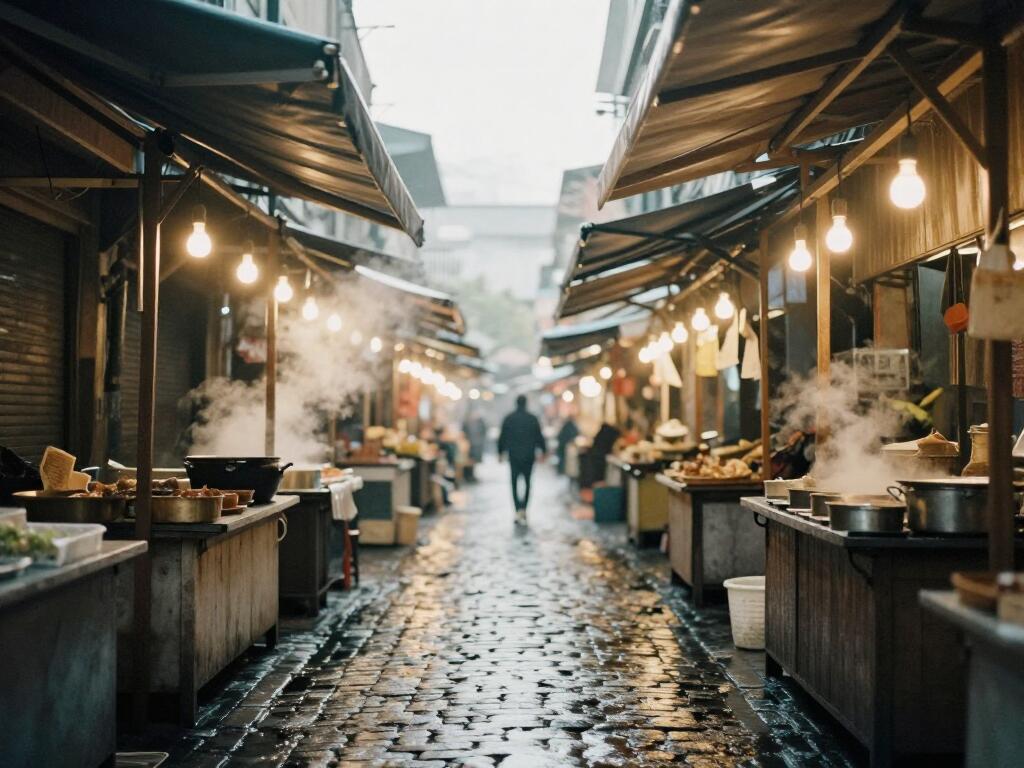 A night market alley lit by a row of bare hanging bulbs, steam rising from the stalls