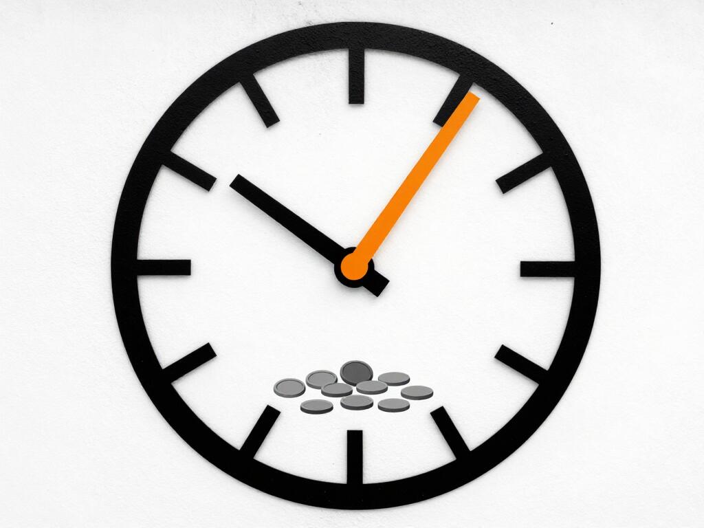 A clock face with a single orange hand just past the halfway mark, cutting a pile of coins in half
