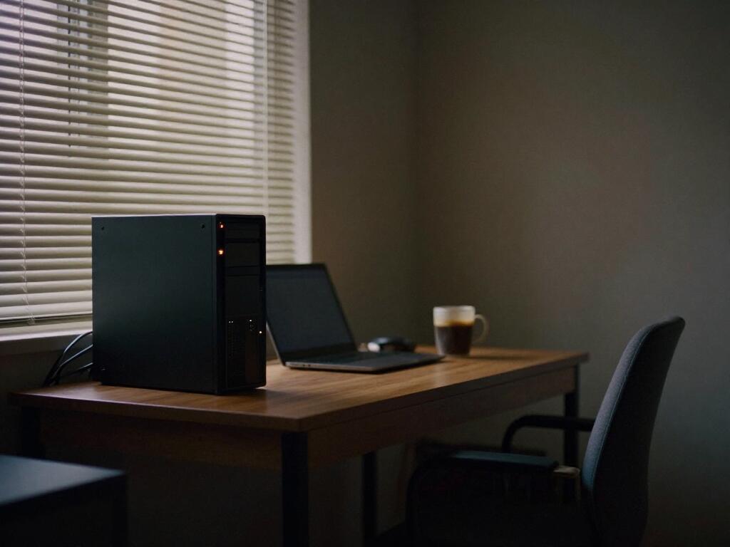 Ein stilles Arbeitszimmer in der Dämmerung. Ein kleiner Rechner steht allein da, sein kleines Licht leuchtet.