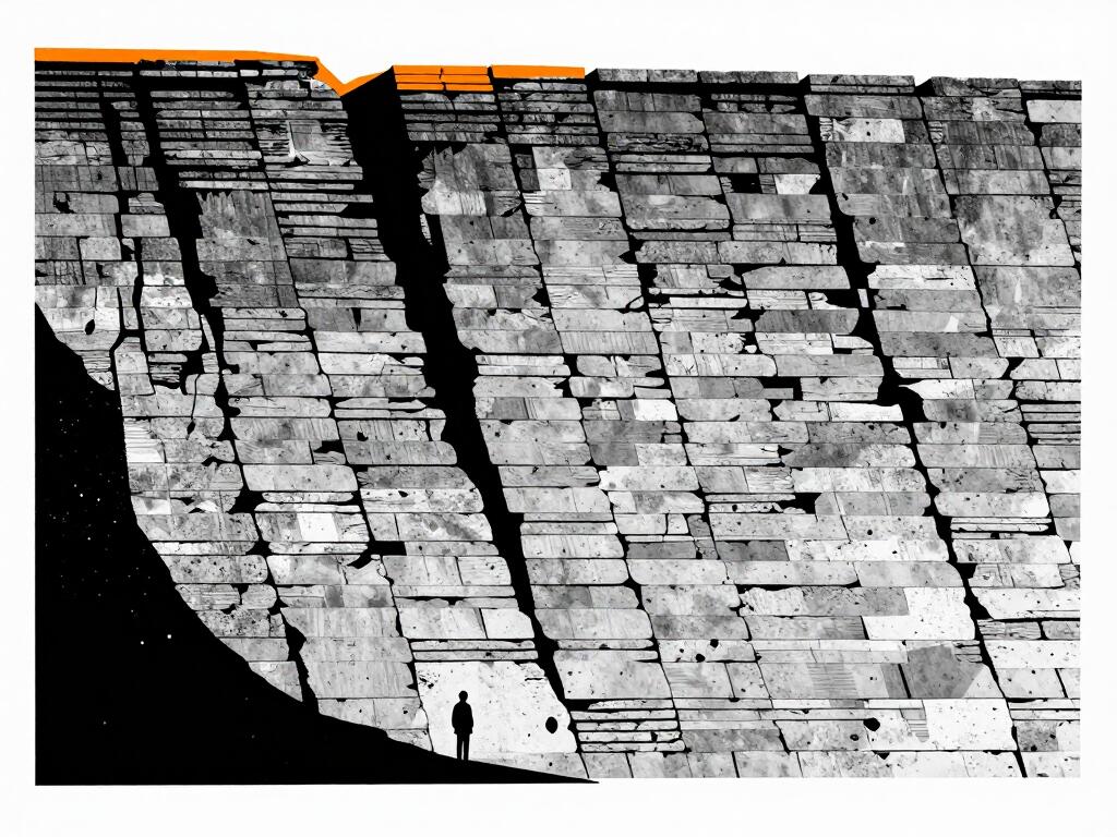 A tiny human figure at the foot of a wall built from thousands of stacked concrete slabs leaning forward above it, with a strip of orange light at the top edge