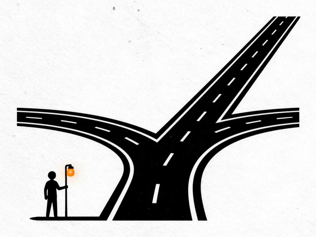 One road splitting into three — one rising to the upper right, one staying flat, one bending into shadow; a small figure with an orange lamp at the fork