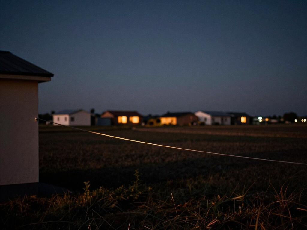 Ein leuchtendes Kabel verlässt ein Haus und zieht über ein dunkles Feld auf ferne, glühende Fenster zu.
