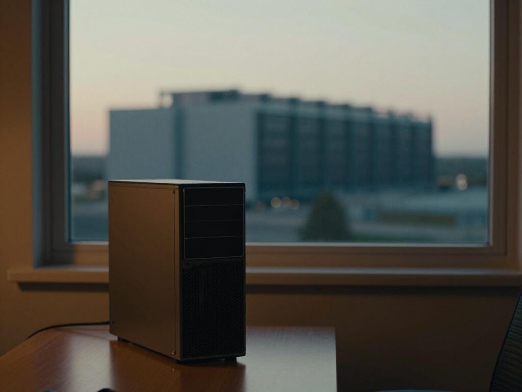 Ein kleiner Heimrechner, und durch das Fenster die riesige verschwommene Silhouette eines Rechenzentrums.