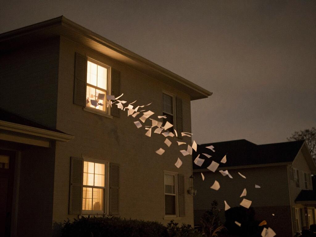 Ein beleuchtetes Haus am Stadtrand in der Nacht; aus einem Fenster strömt ein Schwall leuchtender Dokumente in den Himmel.